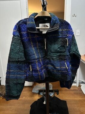 The North Face Blue, Green & Yellow Plaid Sherpa Pullover